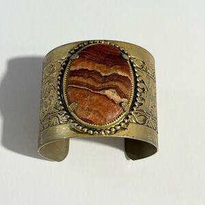 Vintage Artisan Brass Cuff Bangle Bracelet With Natural Polished Jasper Stone